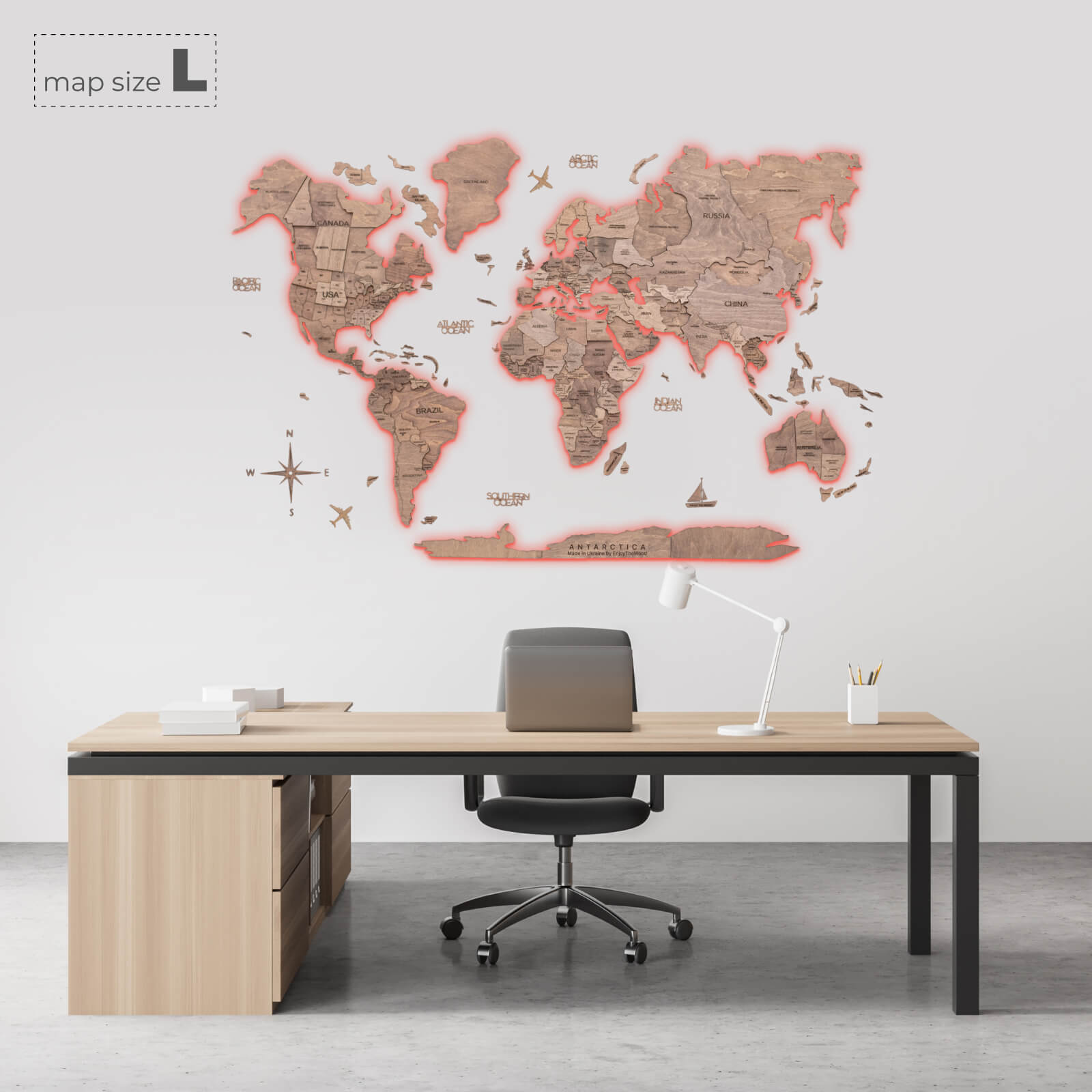 wooden world map with led