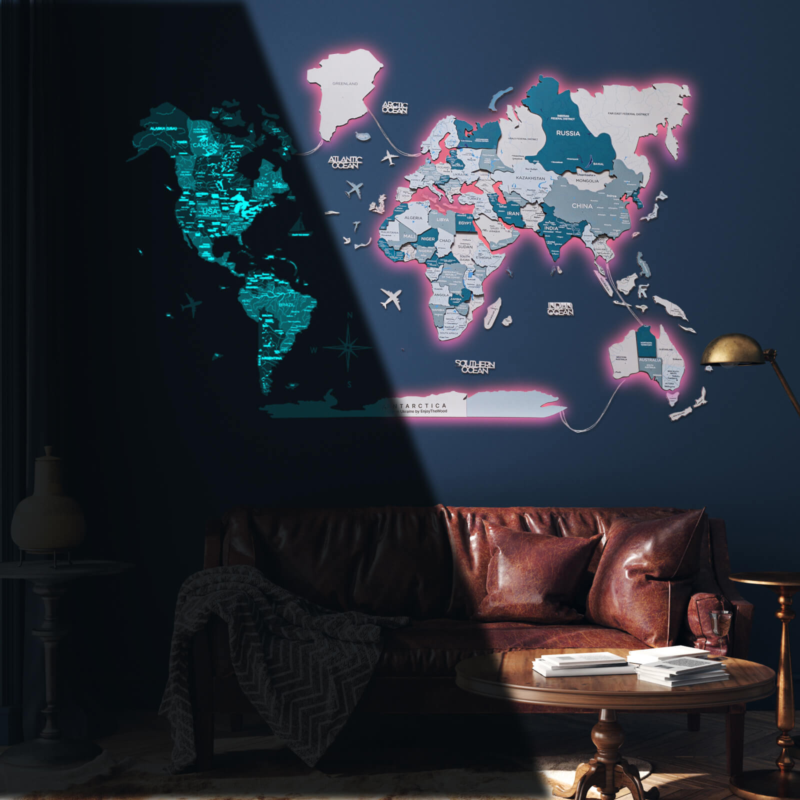 3D LED / LUMINOUS Wooden World Map 3.0 Aqua