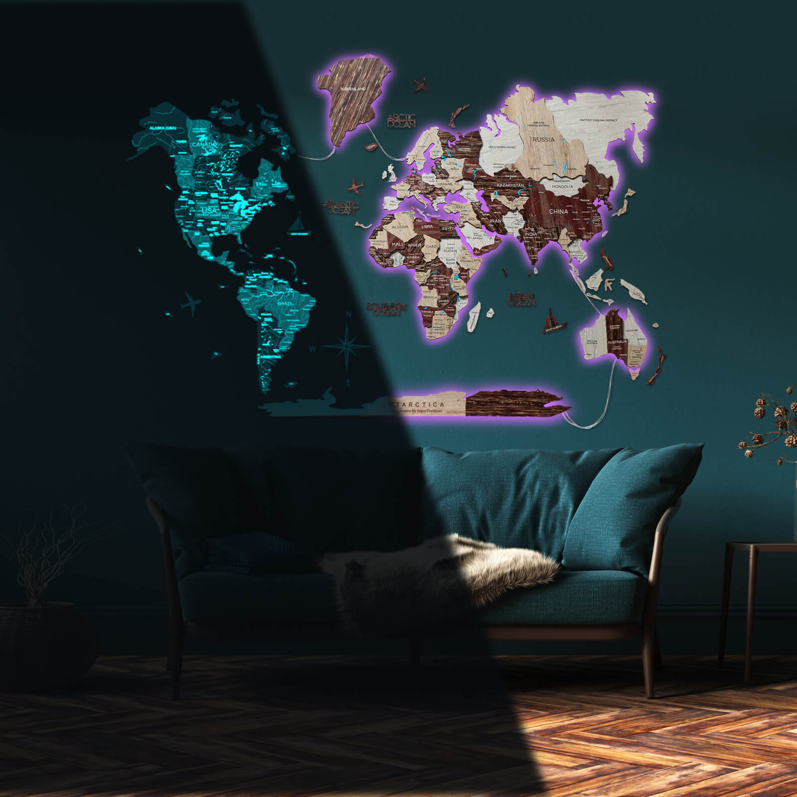 3D LED / LUMINOUS Wooden World Map 3.0 Cappuccino