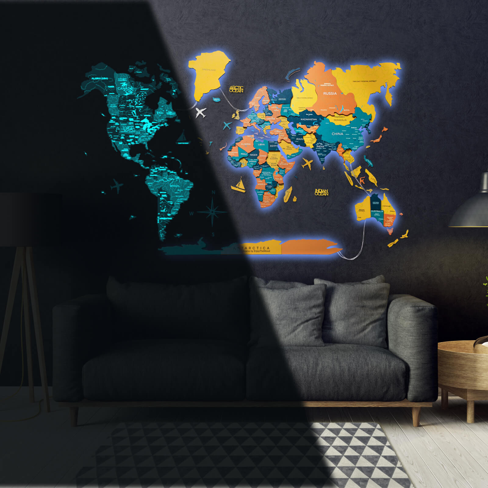 LED 3D / LUMINOSO Mapa mundial de madera 3.0 Indie