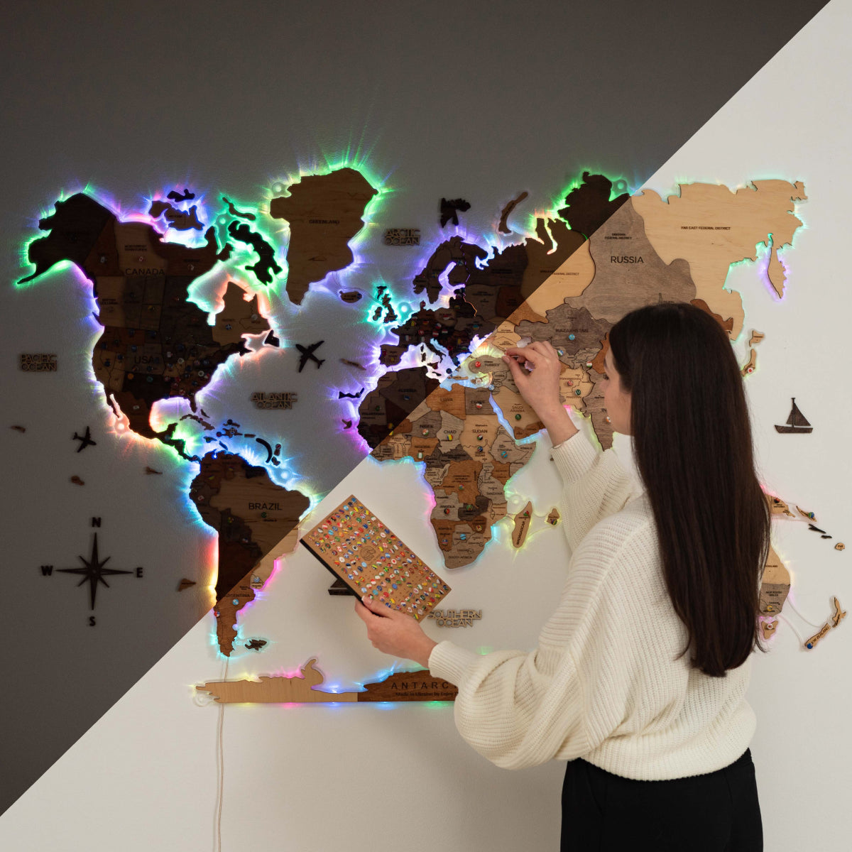 ROMANTIC CROWN★カジュアル WORLD MAP LONG SLEEVE 3色 Crystal Art 3 Piece World Map Wrapped Canvas Wall Art Decor