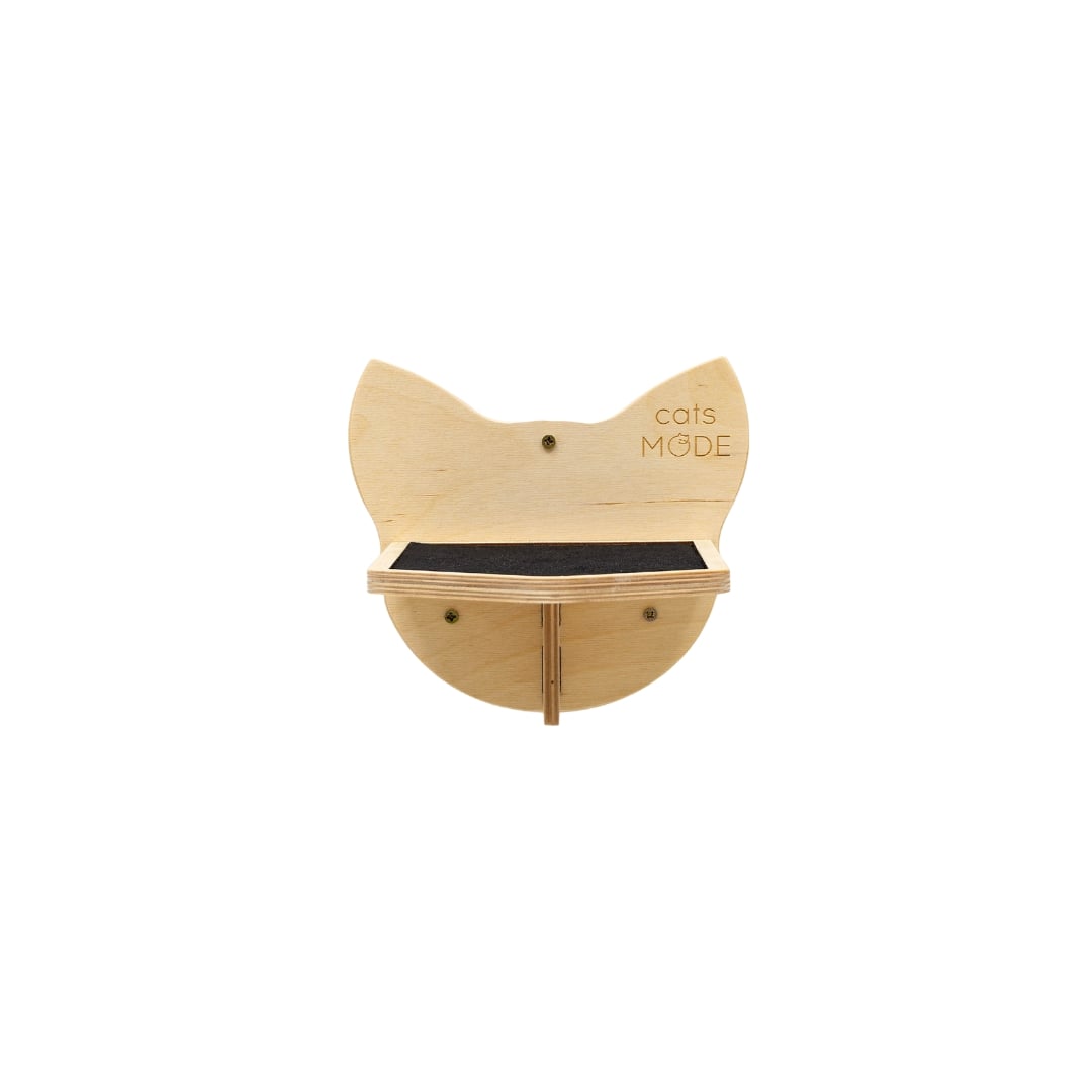 Wooden cat-shaped pet bed with 'cat's MODE' branding on a white background