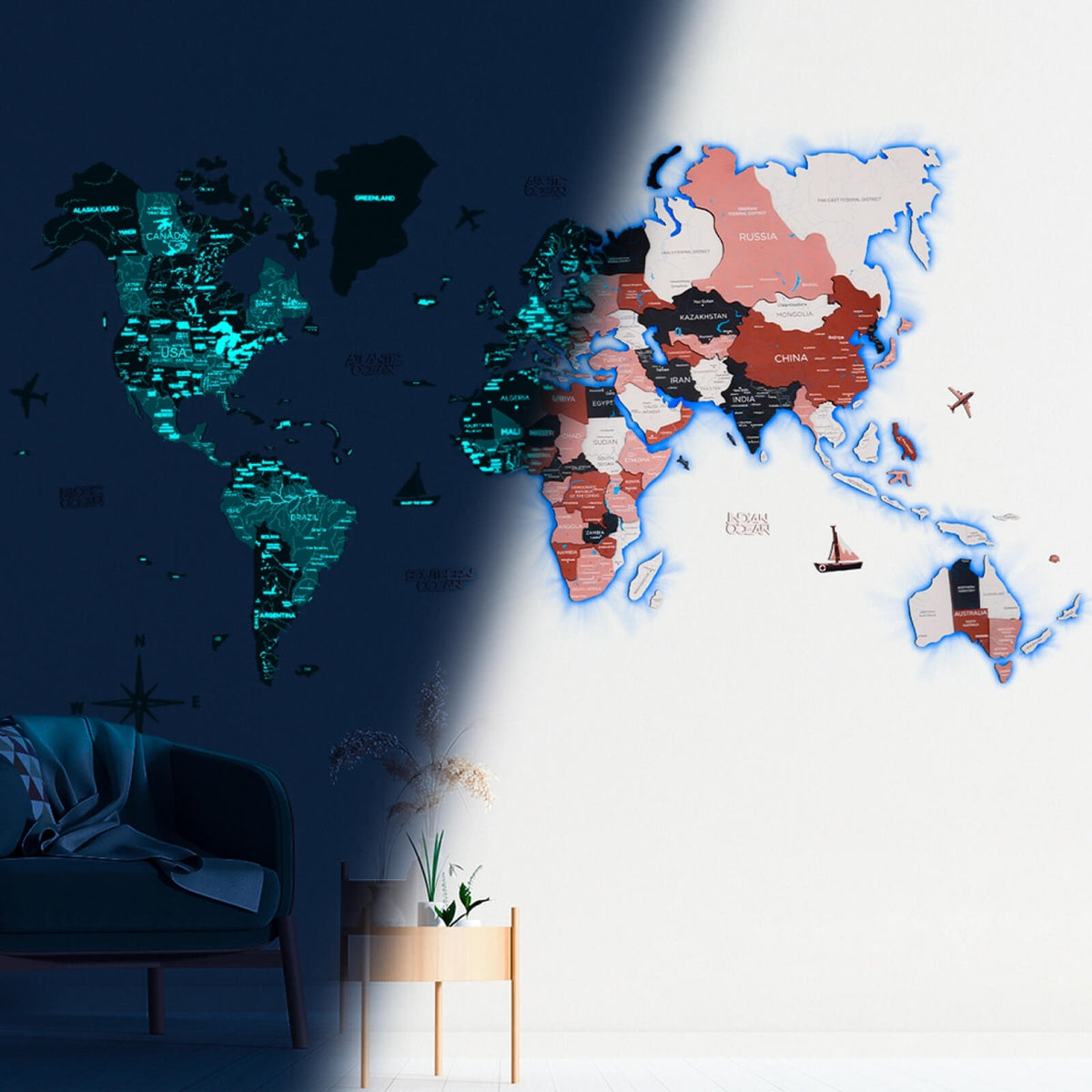 3D Luminous LED Colored World Map from Enjoy The Wood ‣ Good Price, Reviews