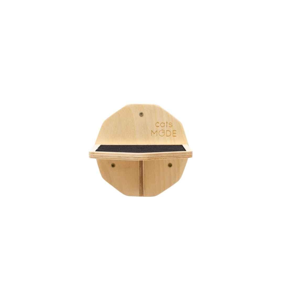 Wooden cat shelf with a black cushion on a white background
