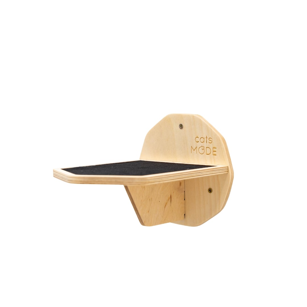 Wooden cat shelf with a black platform on a white background