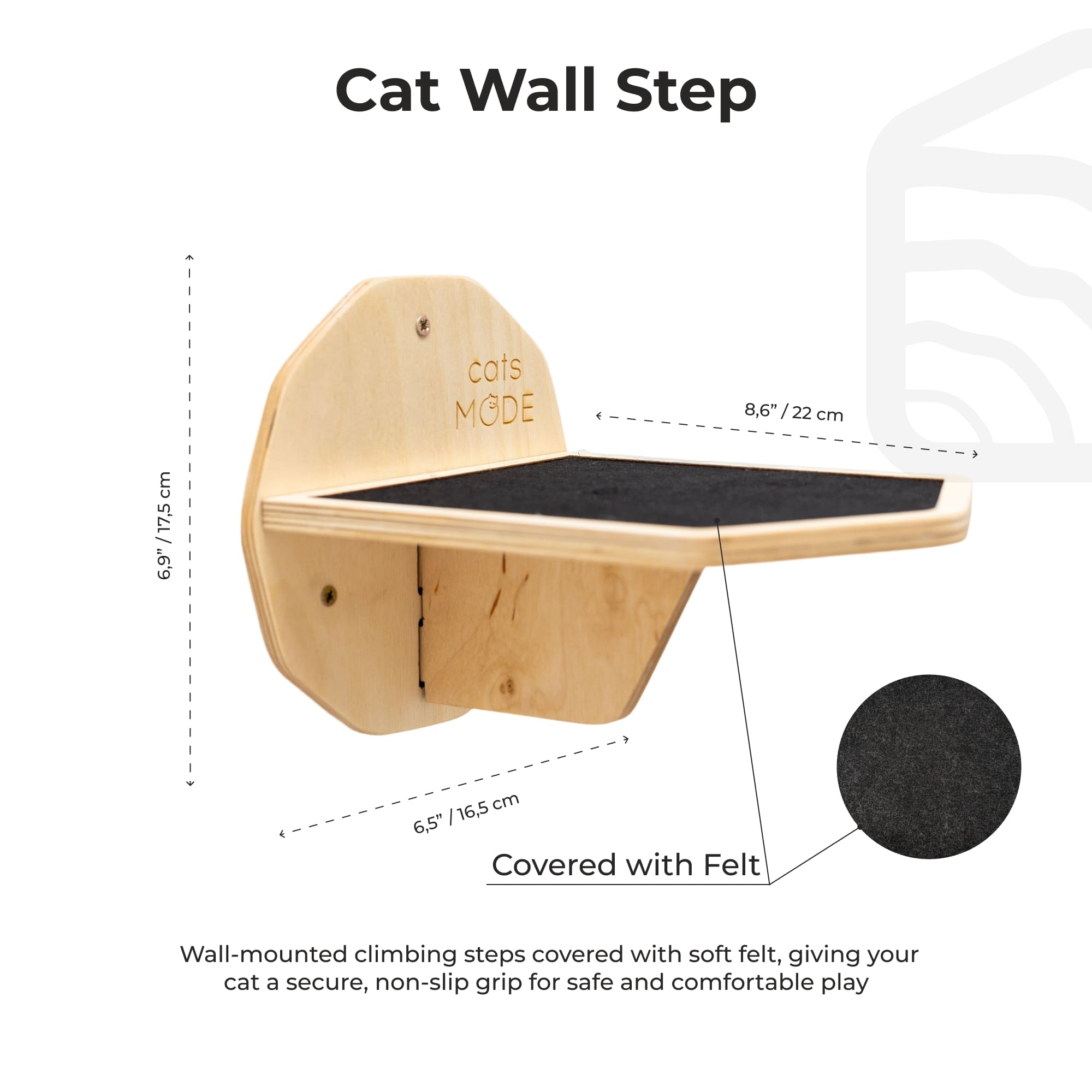 Cat wall step with dimensions and material details on a white background