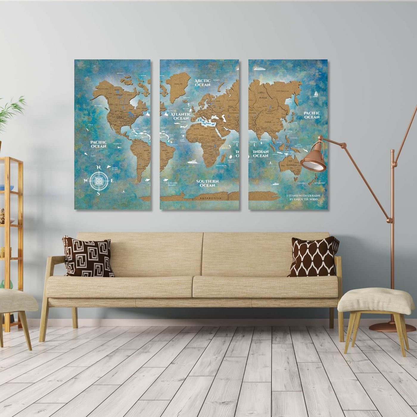 2D Cork Triptych World Map Light from Enjoy The Wood