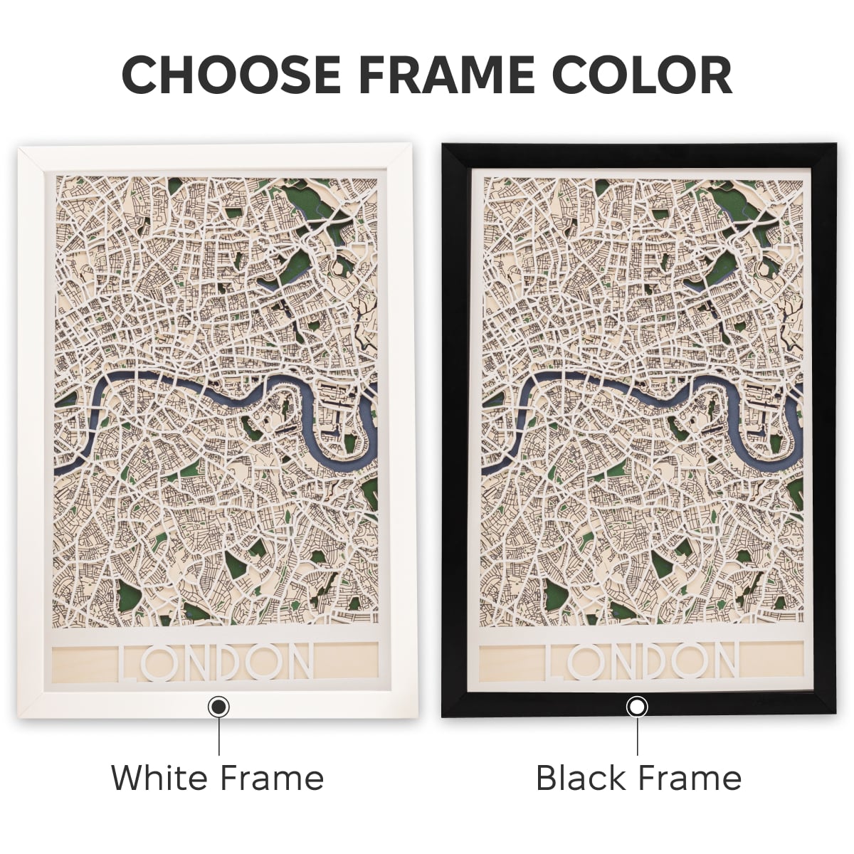 Two framed maps of London, one with a white frame and one with a black frame, on a white background.