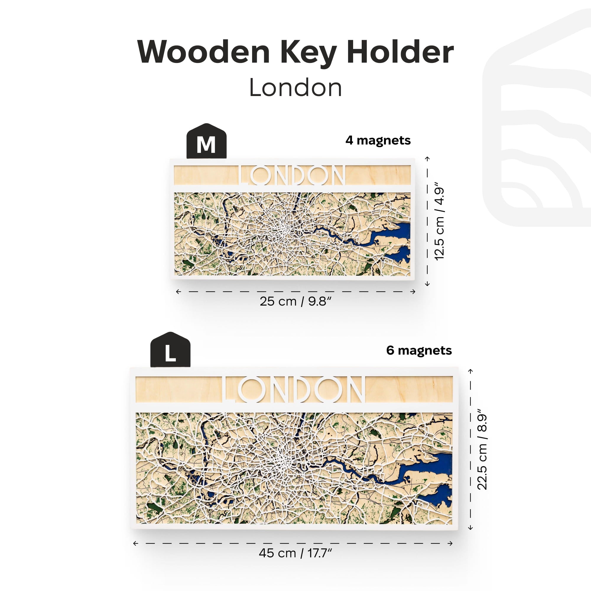 Wooden key holder with London map design and measurements on a white background