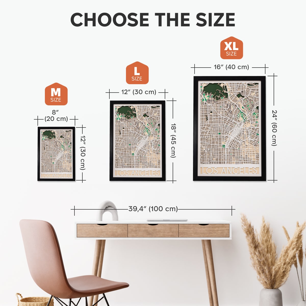 Size chart for framed maps with dimensions and a room setting.