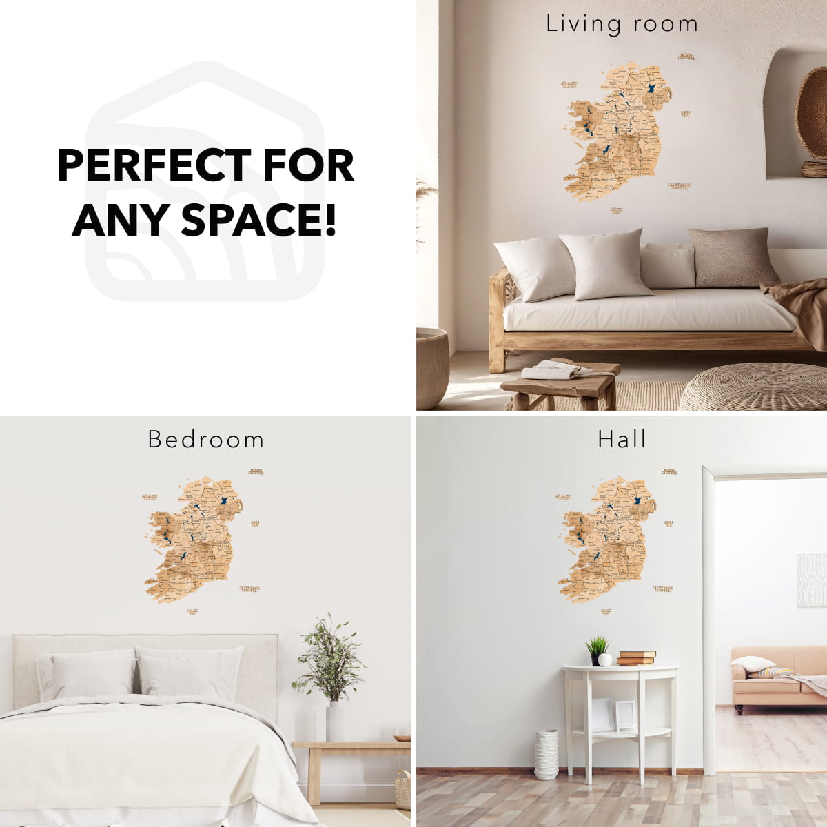 Wall decal application examples in living room, bedroom, and hall with text 'Perfect for any space!'.