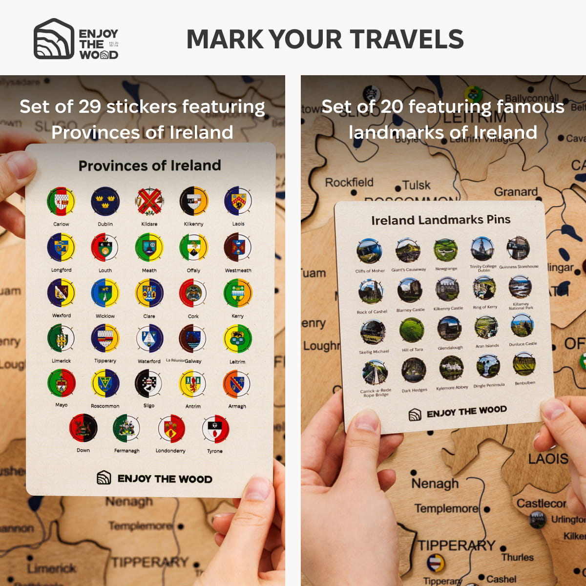Two sets of stickers featuring provinces and landmarks of Ireland held over a map.
