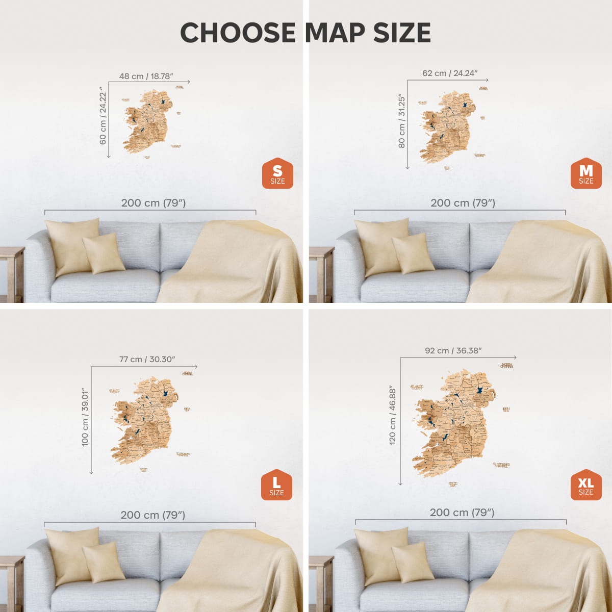 Four different sizes of a map of Ireland displayed on a wall above a sofa.