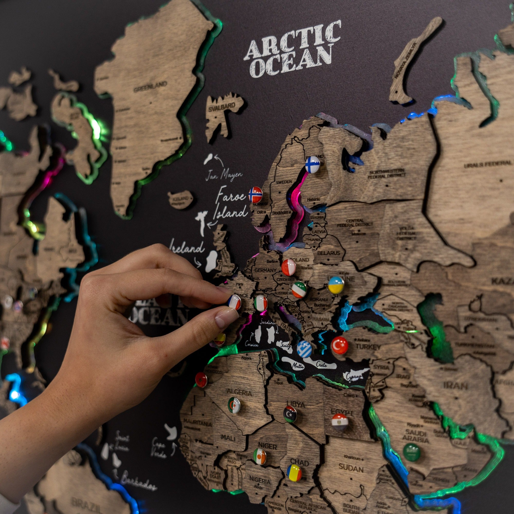 wooden world map pin board