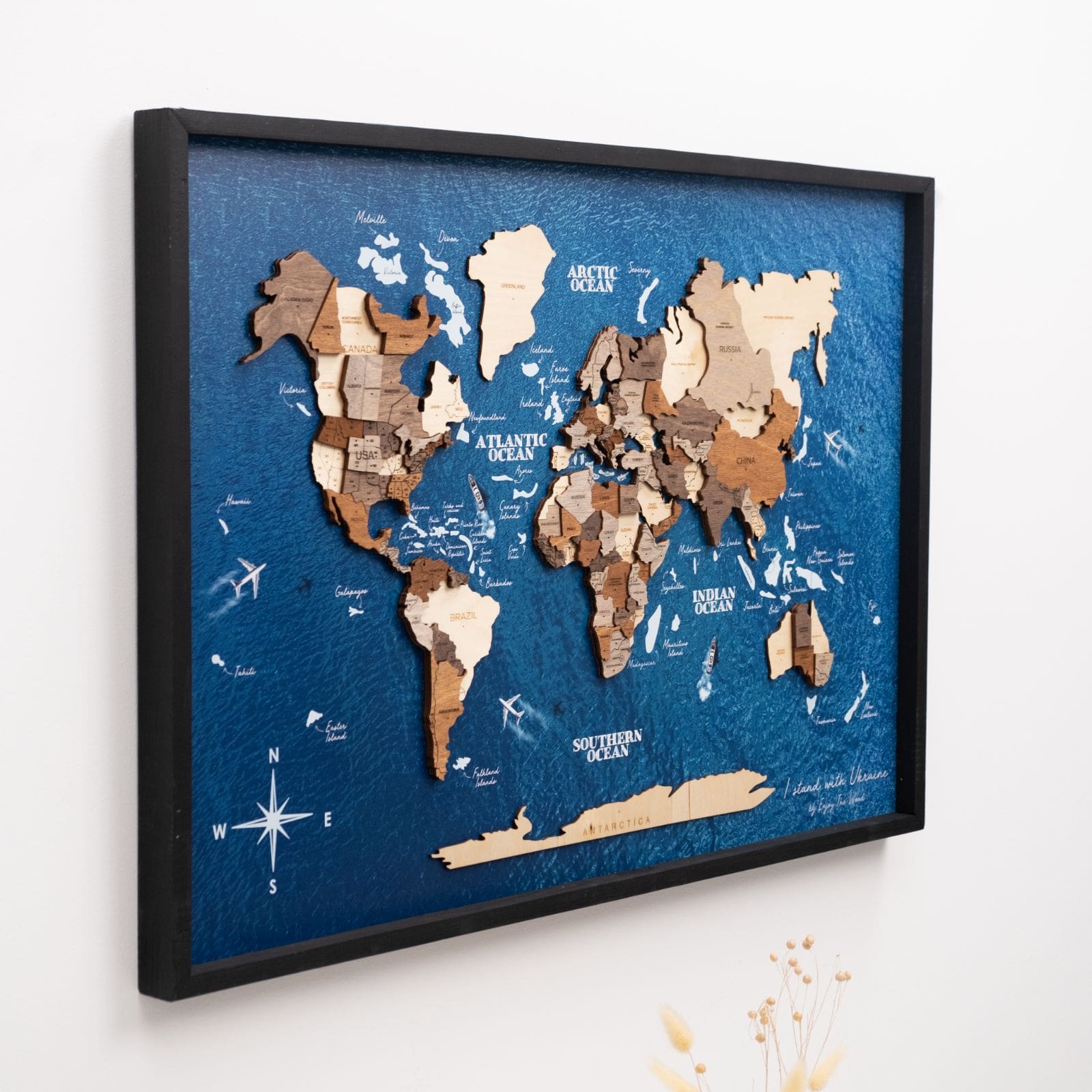 3D Wooden Panel World Map Multicolor