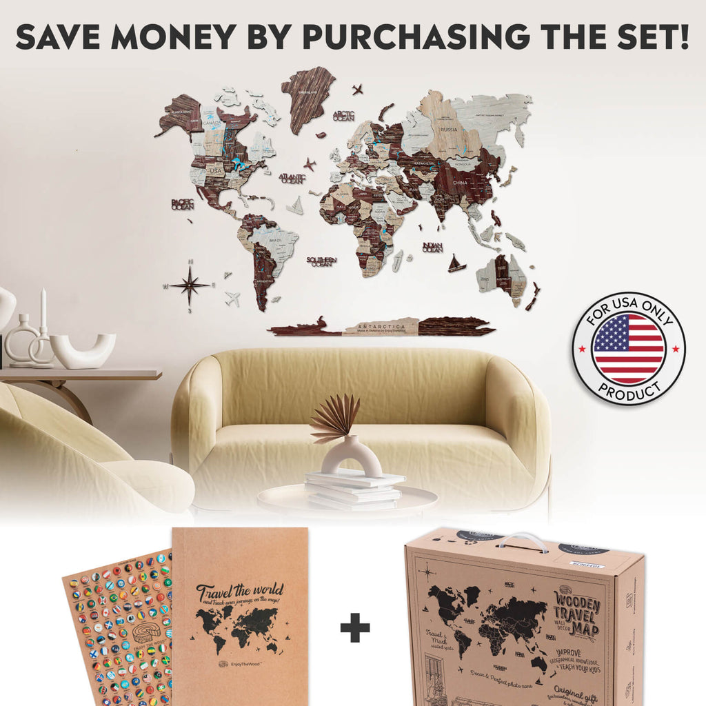 Travel Wall Decor Set 3D Wooden Colored Map Flag Pins
