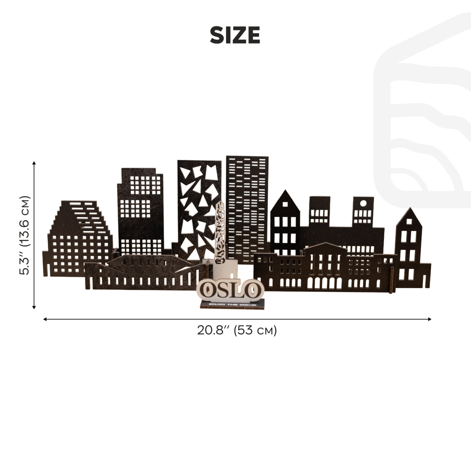 Metal wall art of a city skyline with 'Oslo' text, showing dimensions on a white background.