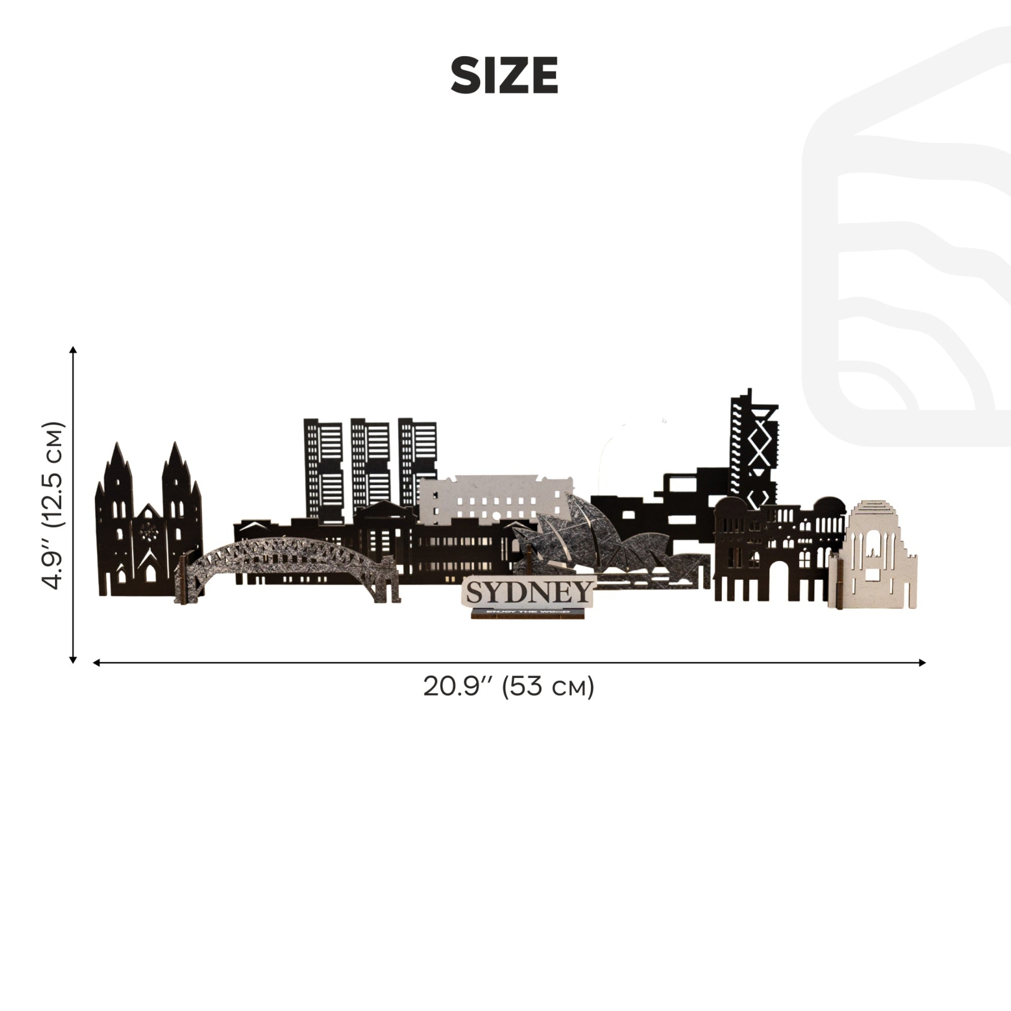 Sydney skyline wall decal with dimensions on a white background