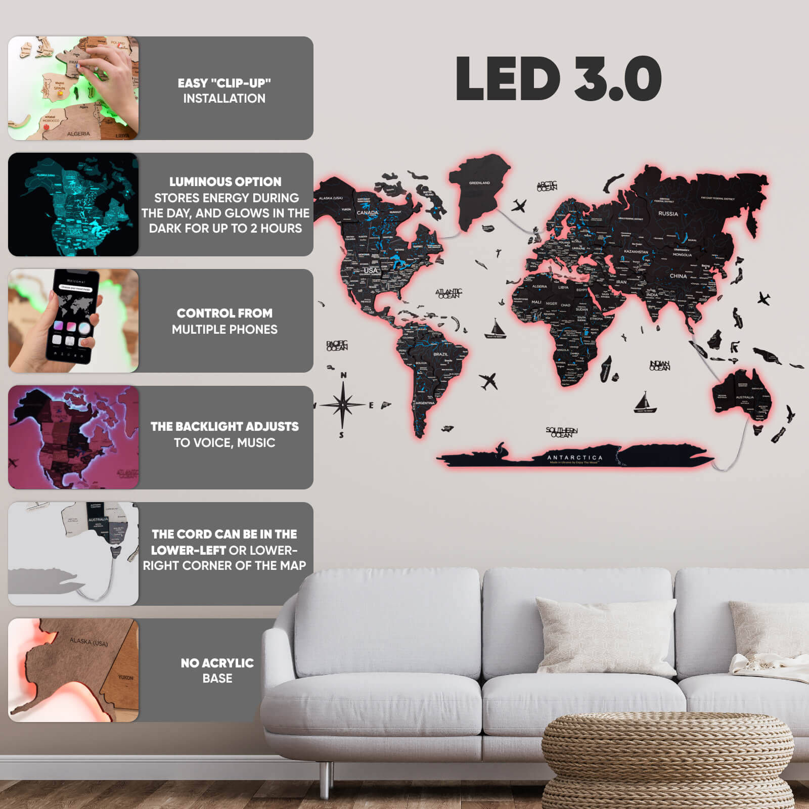 Mapamundi de Madera 3D LED/LUMINOSO 3.0 Medianoche