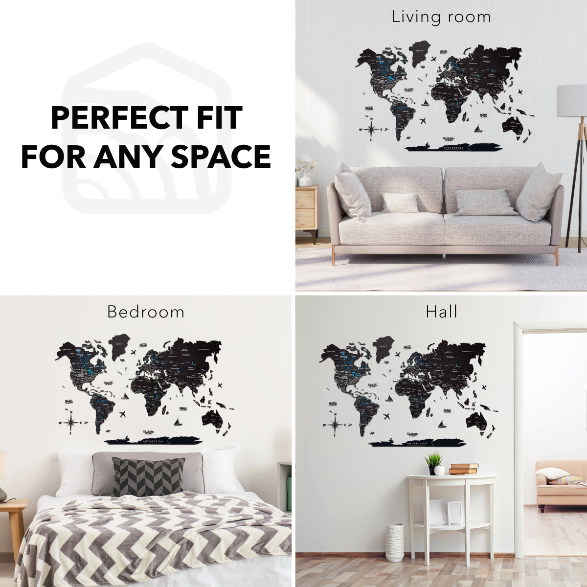 World map wall decal displayed in various rooms with text 'Perfect Fit for Any Space'.