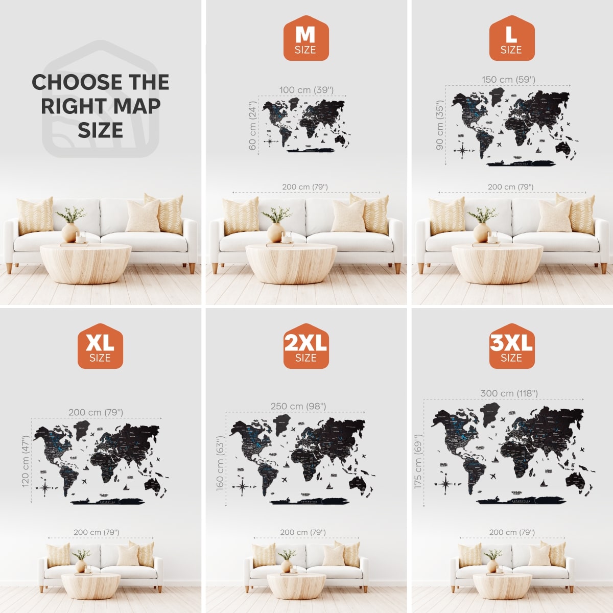 Collage of world map wall art with size chart in a living room setting.