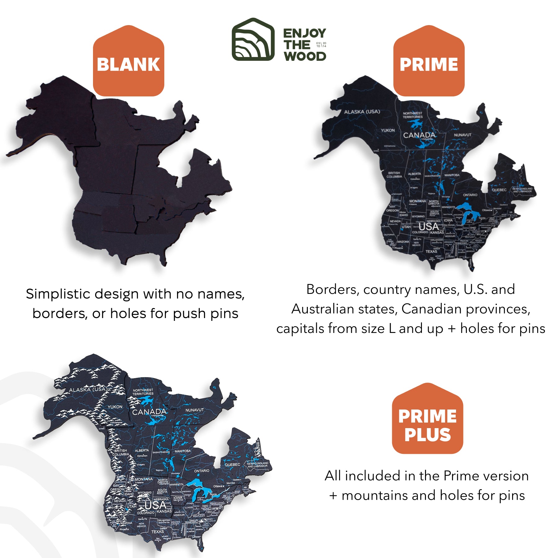 Map of North America with different versions labeled 'Blank', 'Prime', and 'Prime Plus' on a white background.