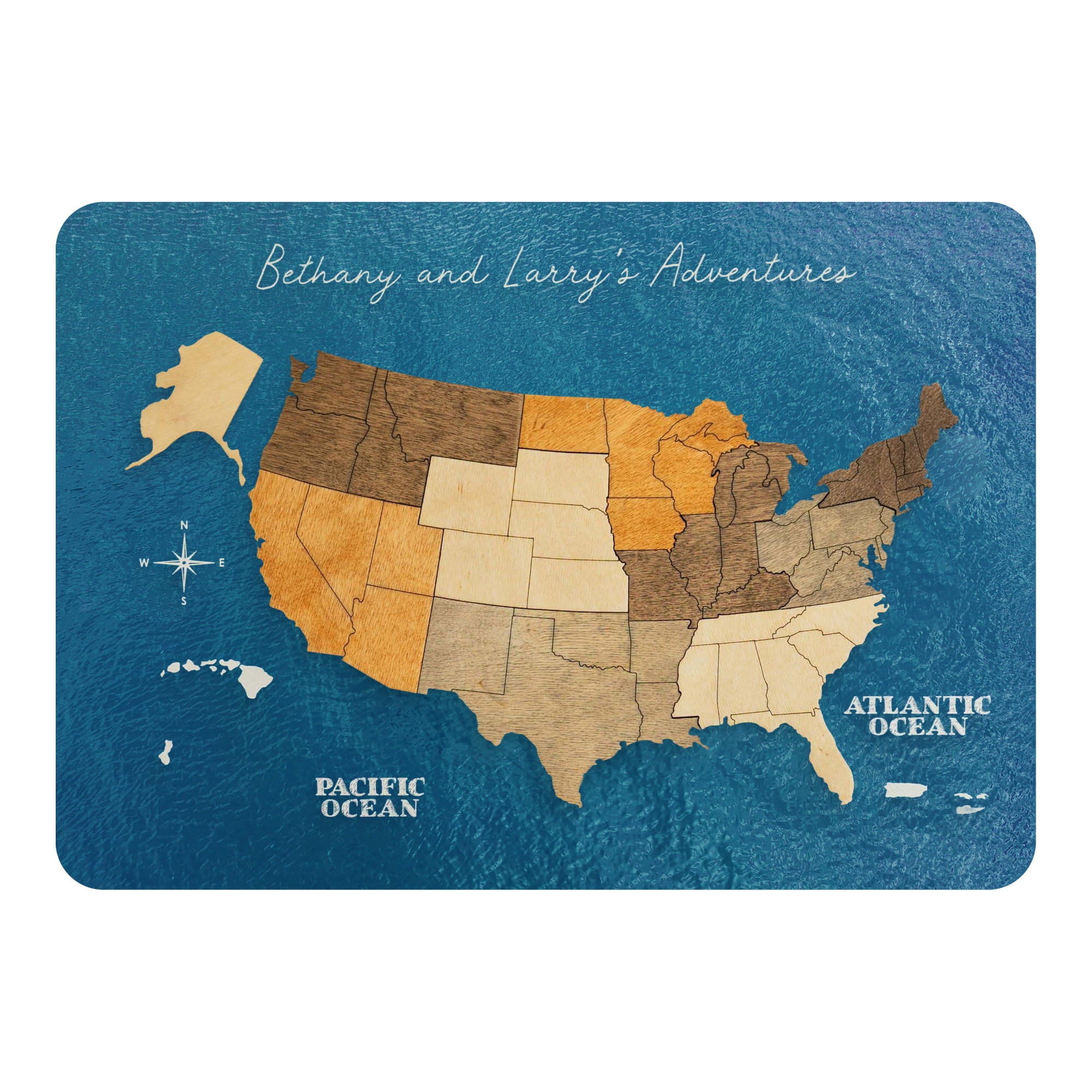wooden US map with states