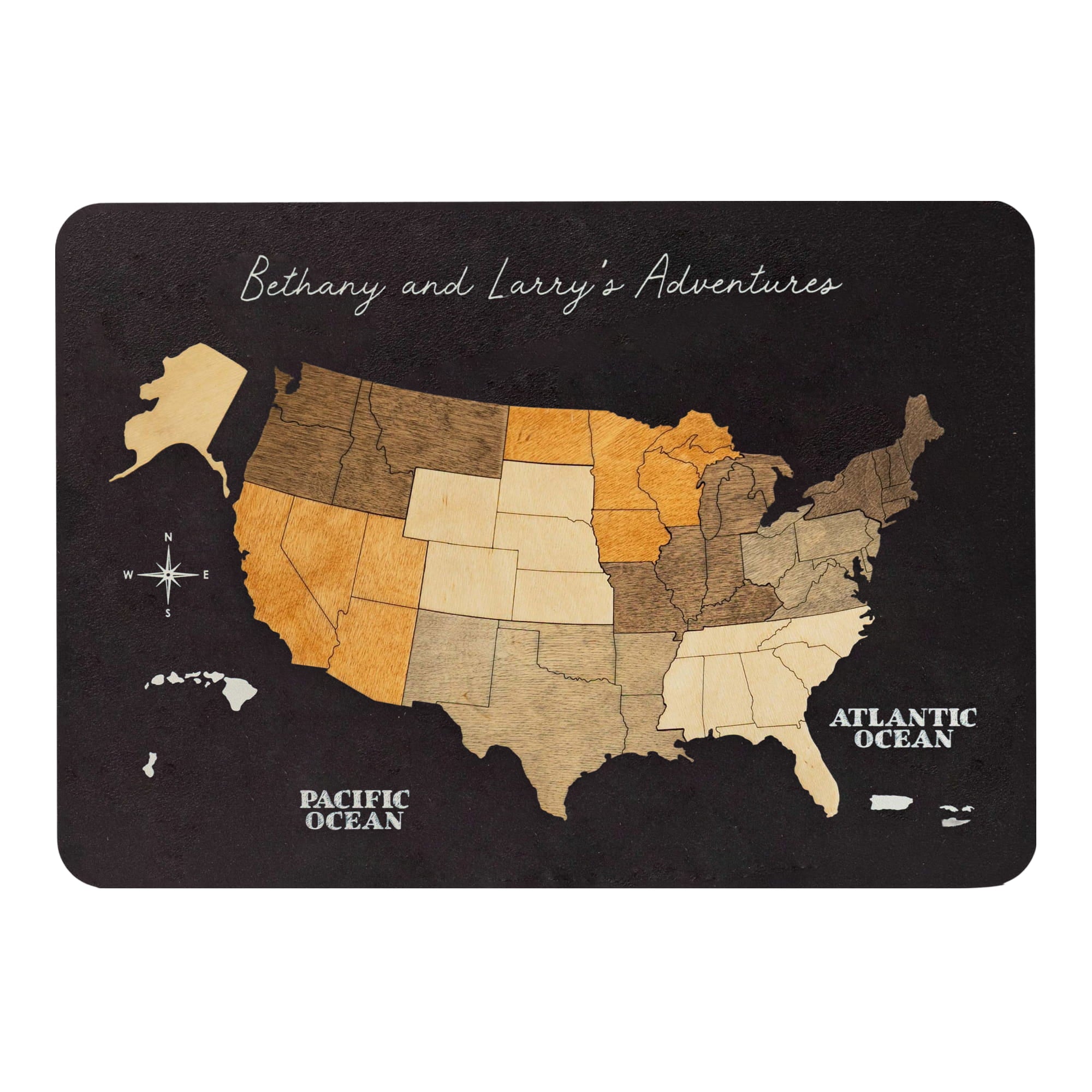 wooden US map with states