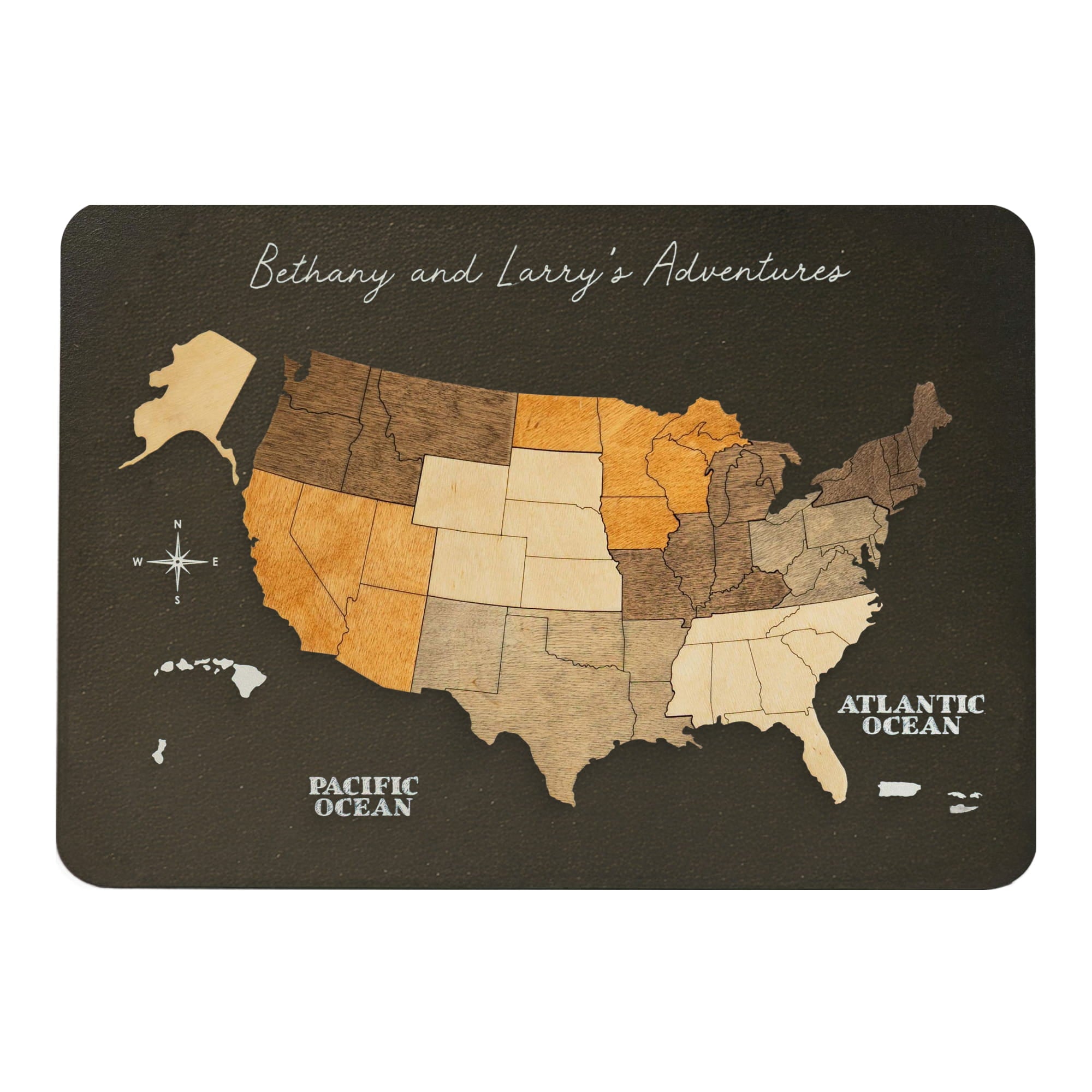 wooden US map with states