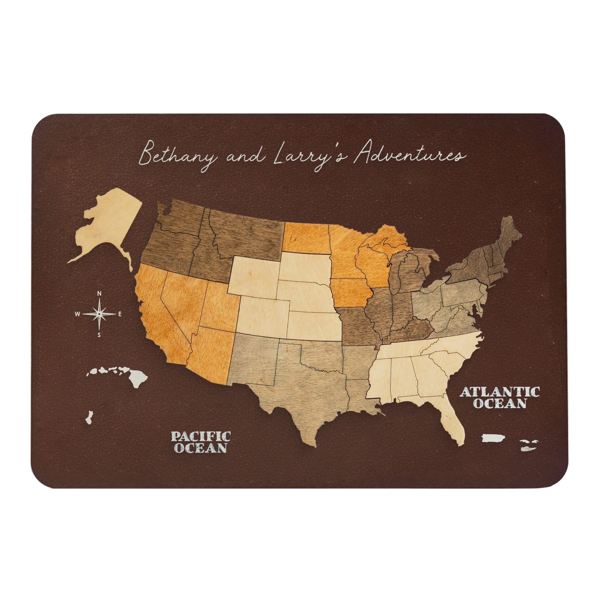 wooden US map with states
