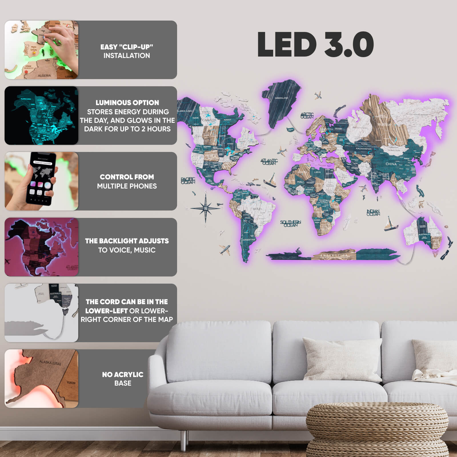 3D LED / LUMINOUS Wooden World Map 3.0 Mystery