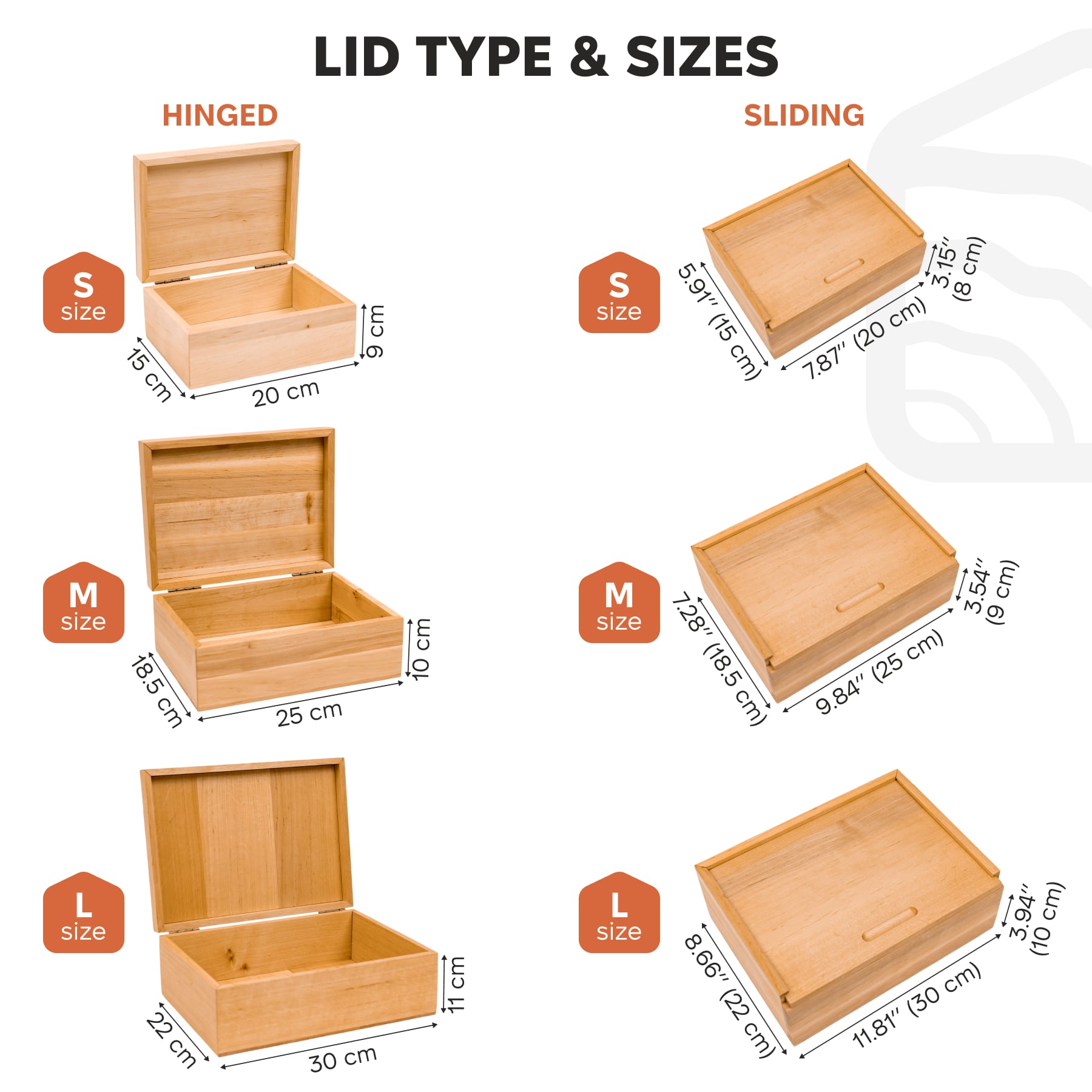 Wooden boxes with hinged and sliding lids, showing different sizes and dimensions.