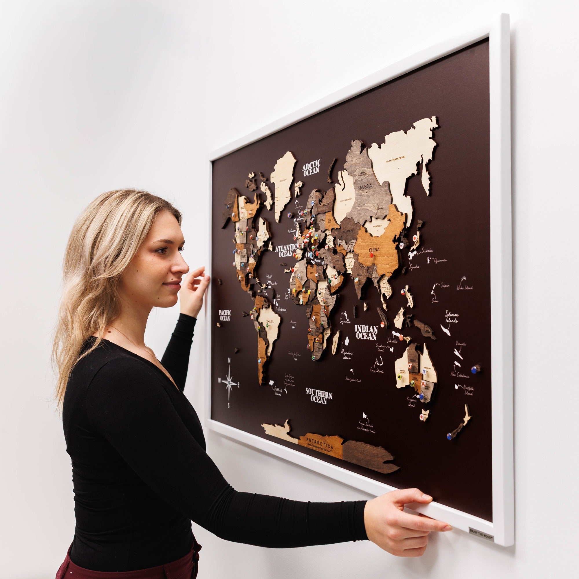 3D Wooden Map on Board Multicolor - Burgundy by Enjoy The Wood 