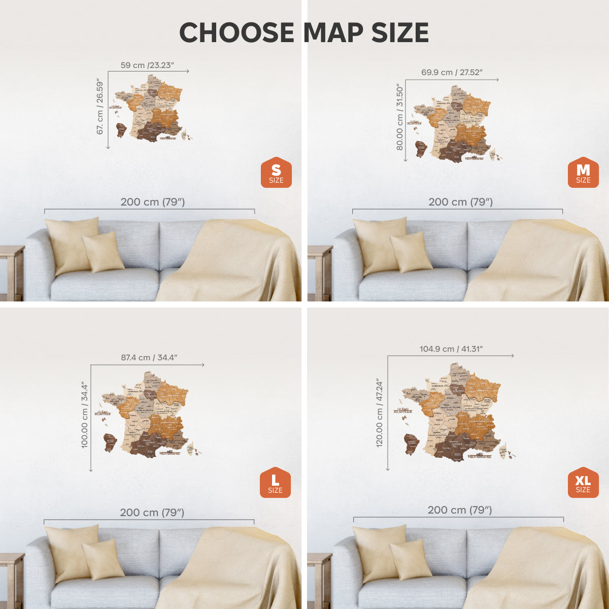 Four size options of a map wall decal displayed on a sofa with measurements.