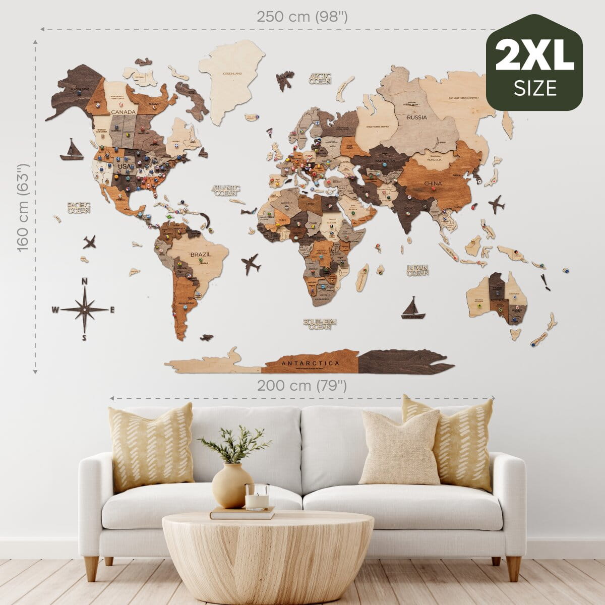 Mapa del mundo de madera 3D Multicolor