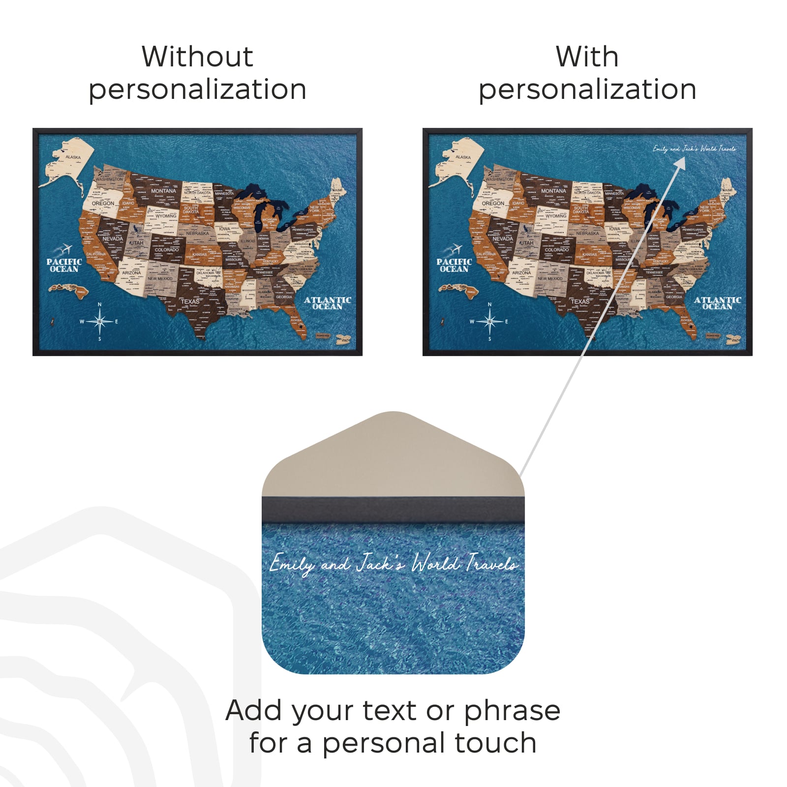 Comparison of a map of the United States without and with personalization text.
