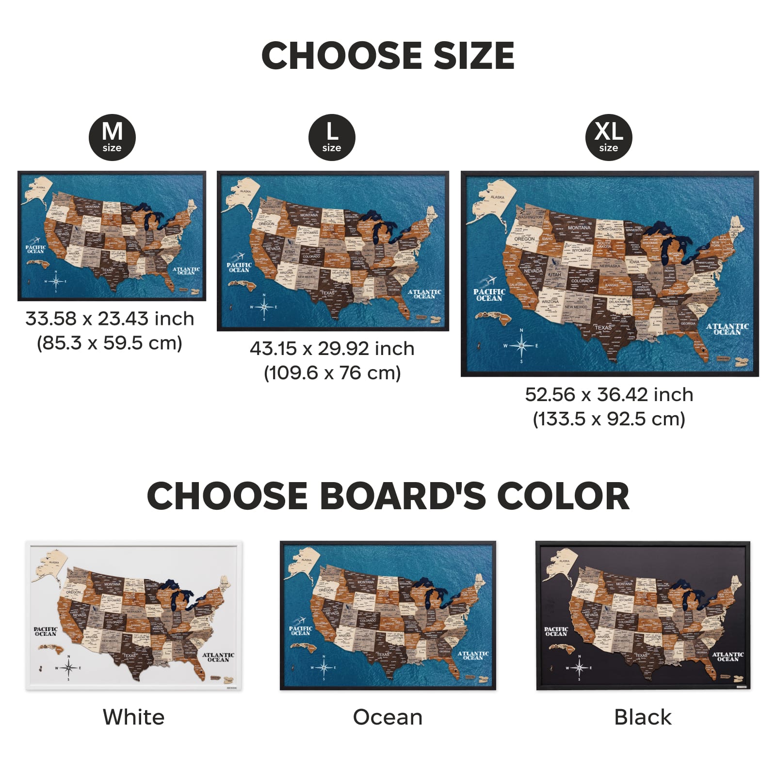 Map of the United States with color and size options displayed.
