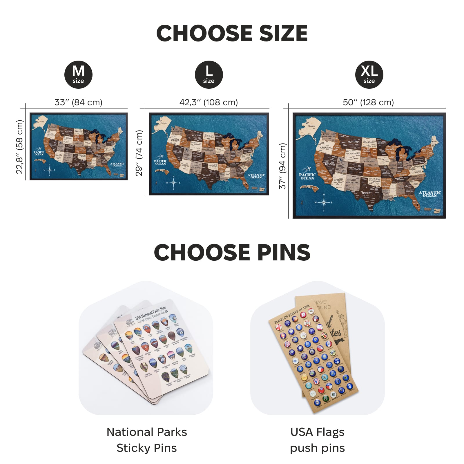 Map of the United States with customizable size options and pin choices on a white background.