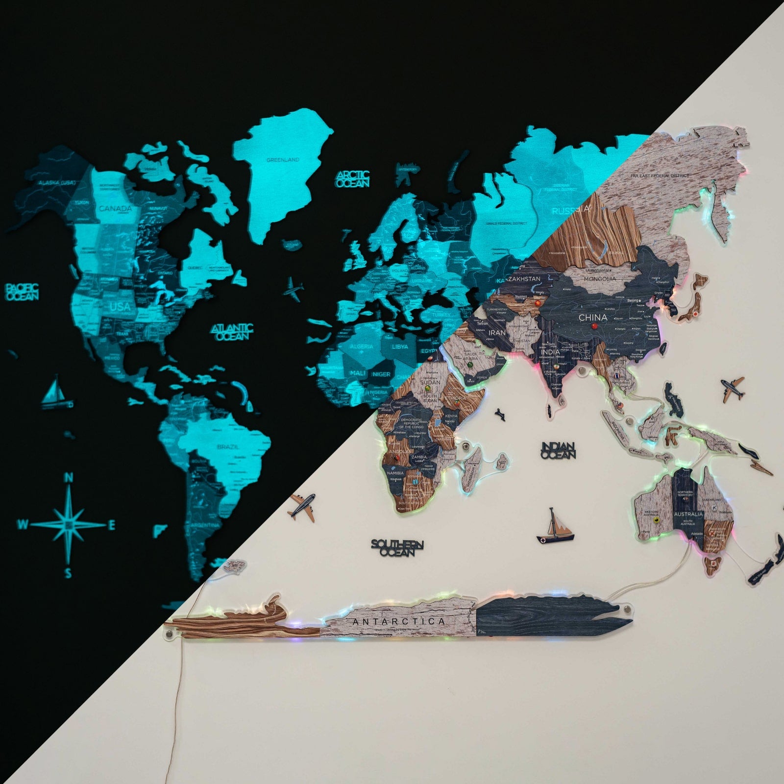World map with a pen on a black and white background