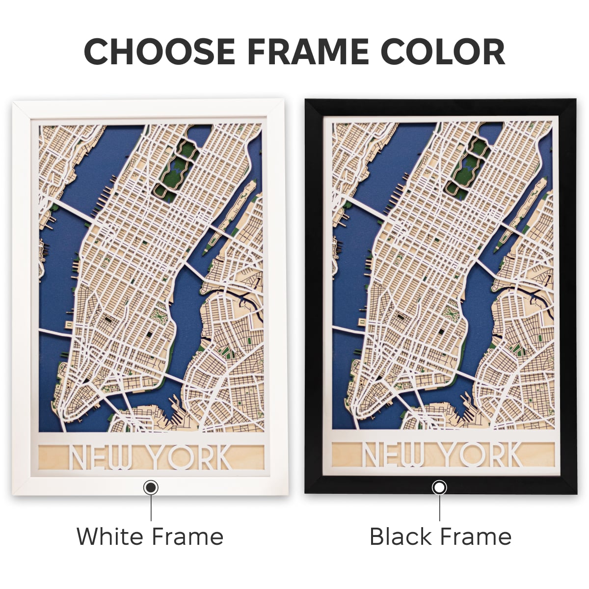 Two framed maps of New York City, one with a white frame and the other with a black frame, on a white background.
