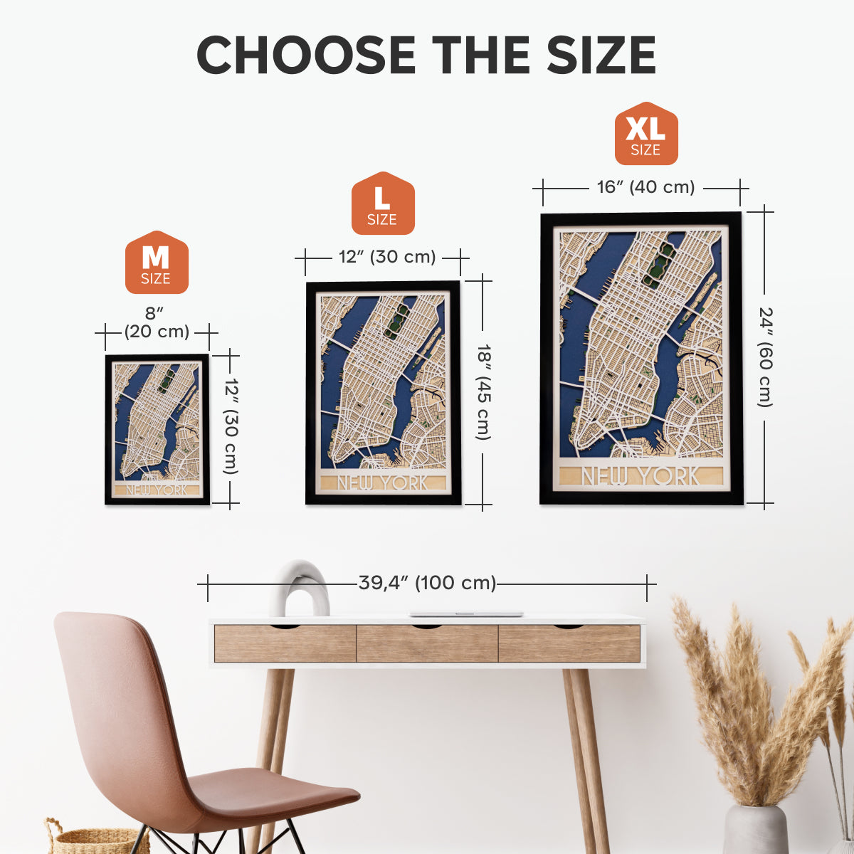 Framed map art with size chart on a white background