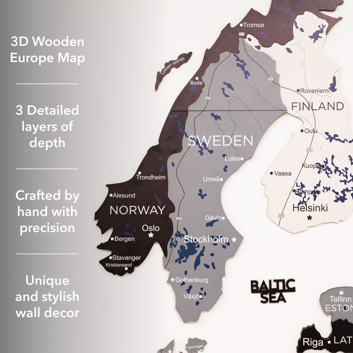 3D wooden Europe map with detailed layers of depth, crafted by hand.
