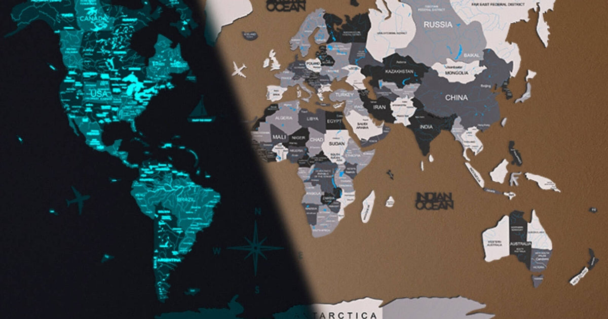 3D Luminous Colored Wooden World Map Nordik