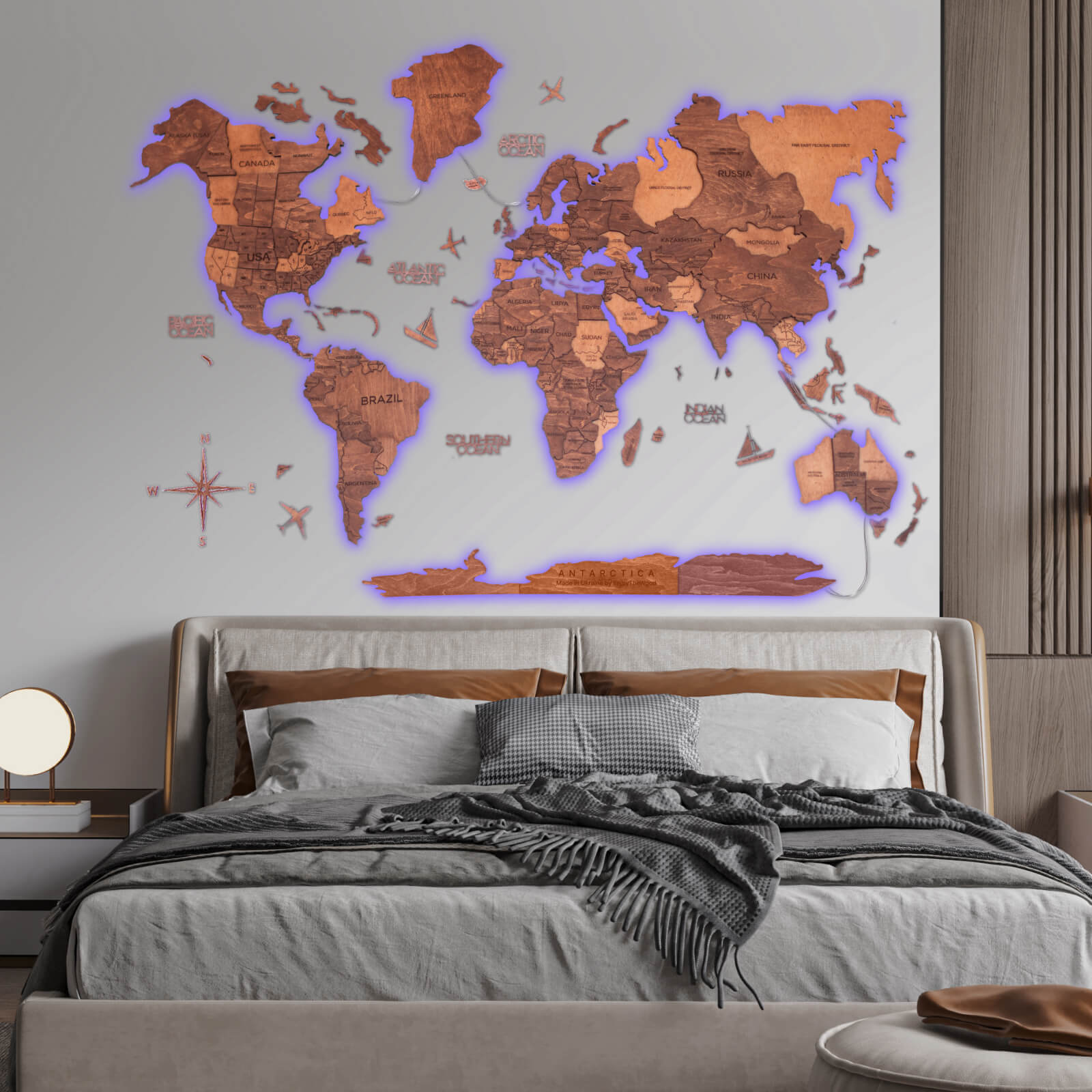 3D LED Wooden World Map 3.0 Oak