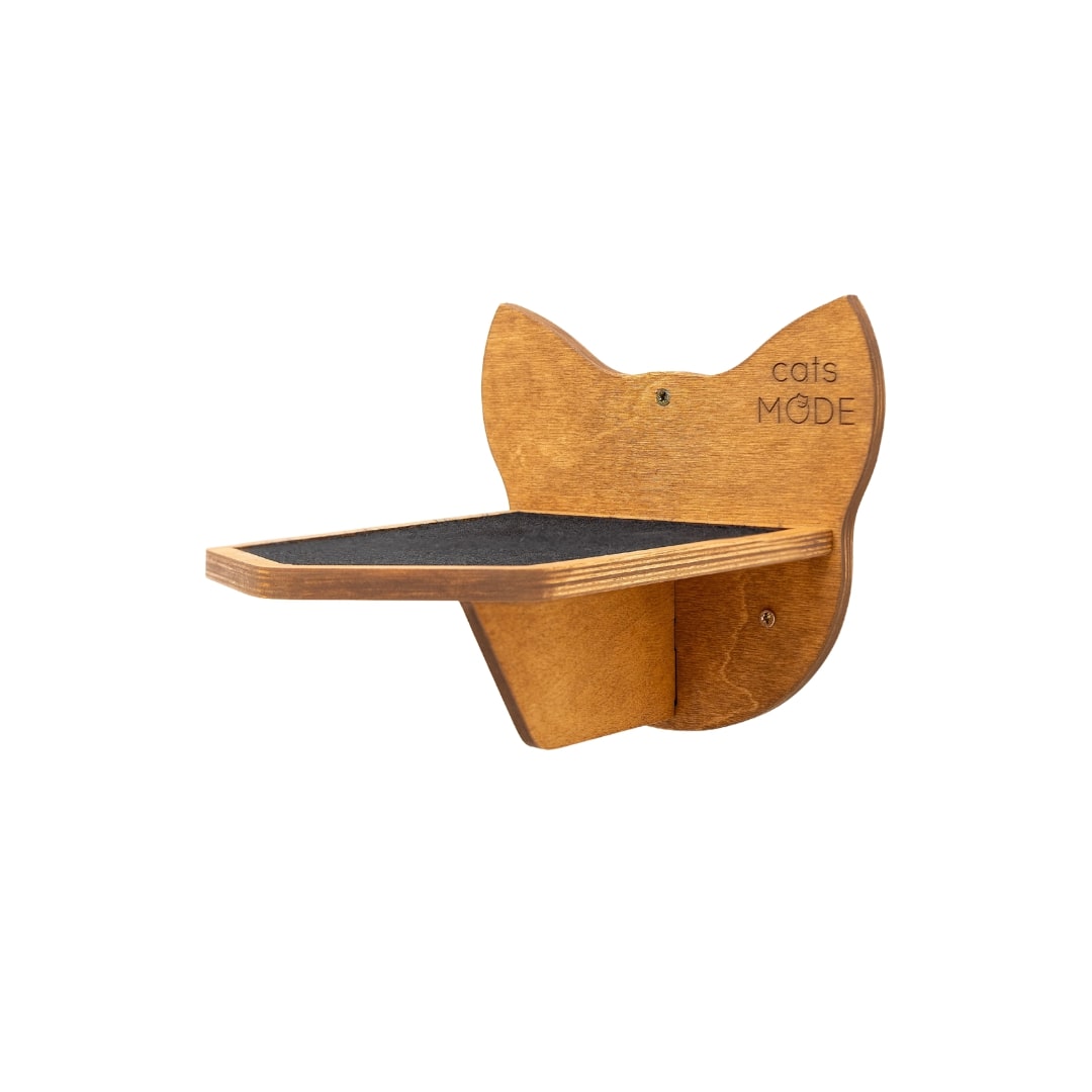 Wooden cat shelf with a black surface on a white background