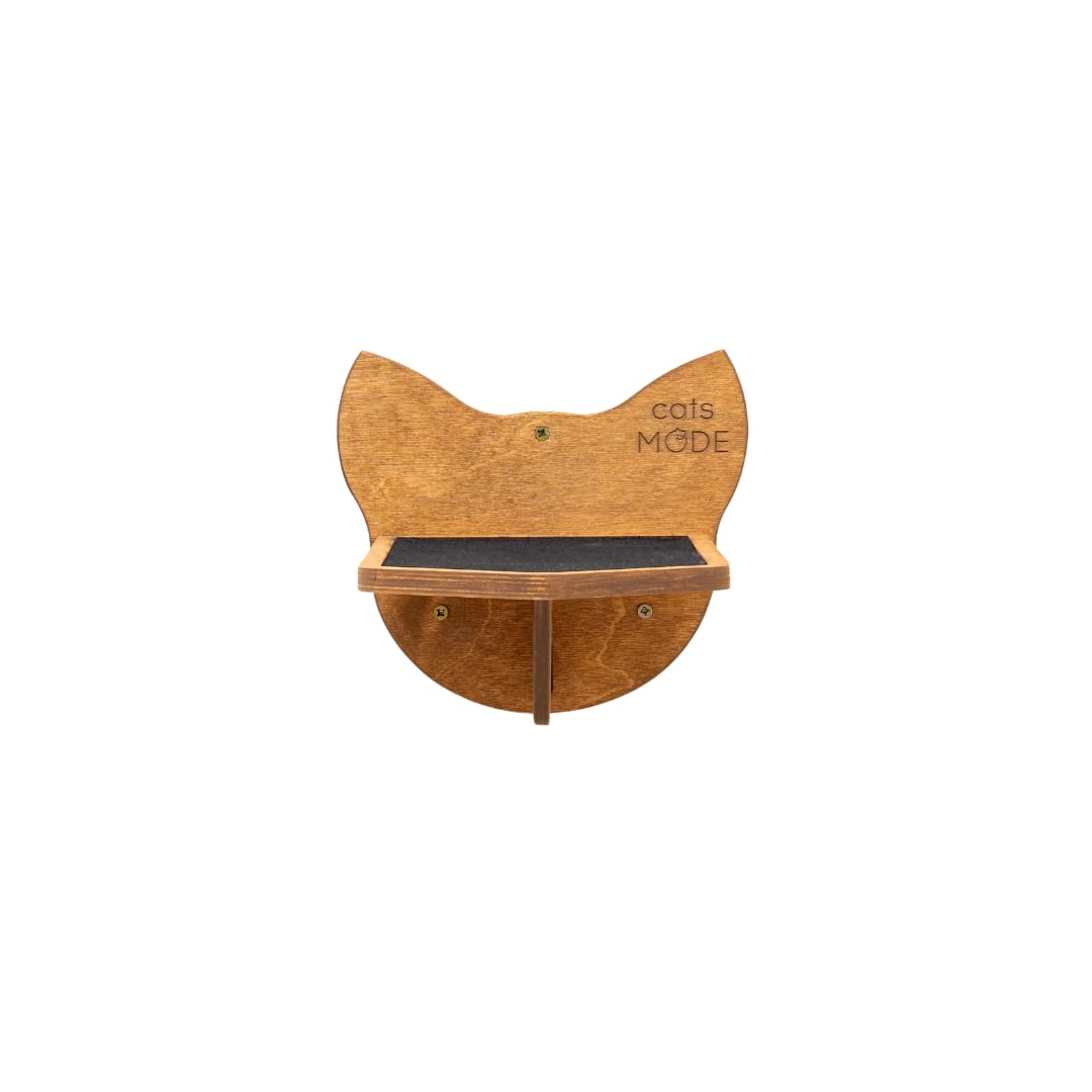 Wooden cat-shaped shelf with 'cats MODE' branding on a white background