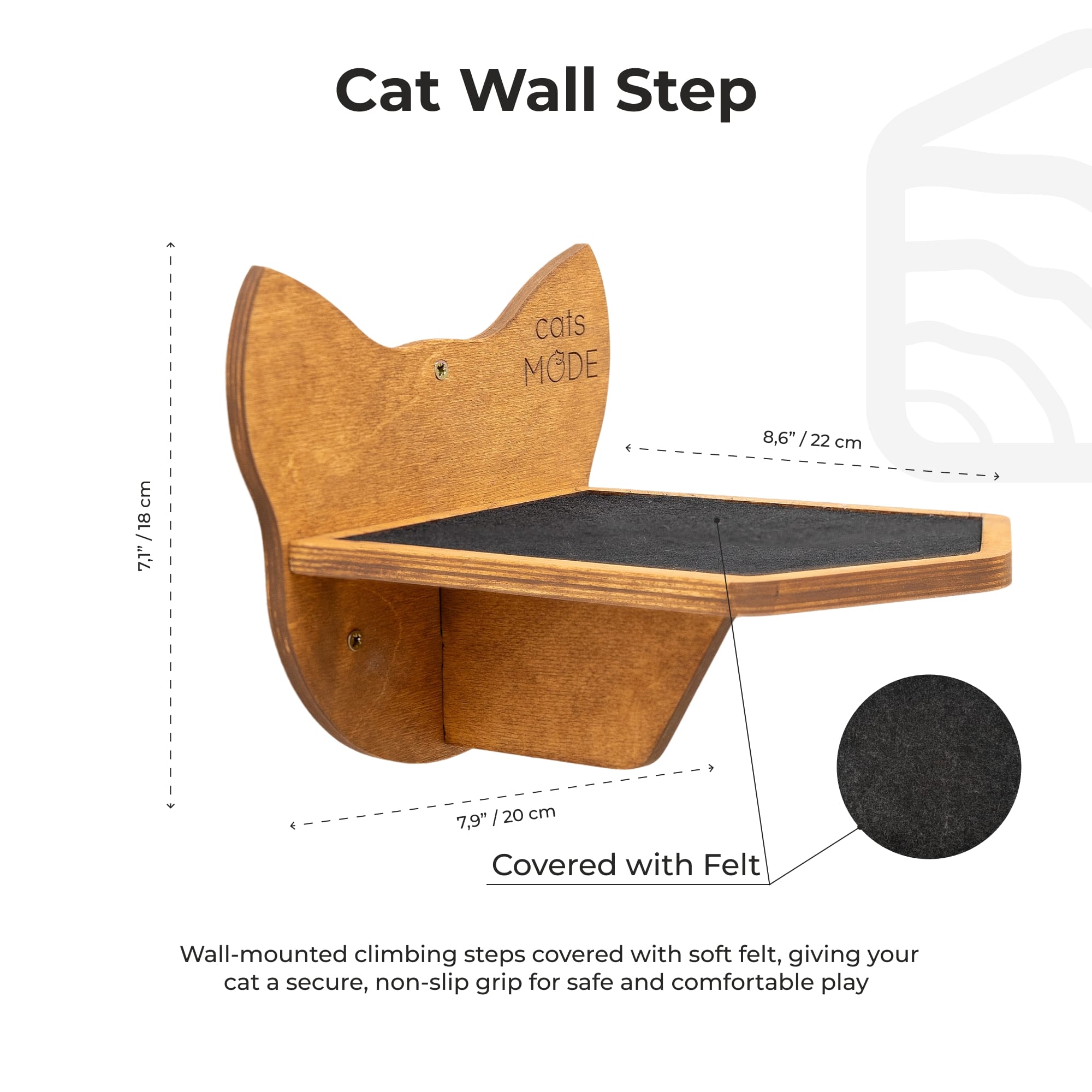 Wooden cat wall step with dimensions and features highlighted on a white background