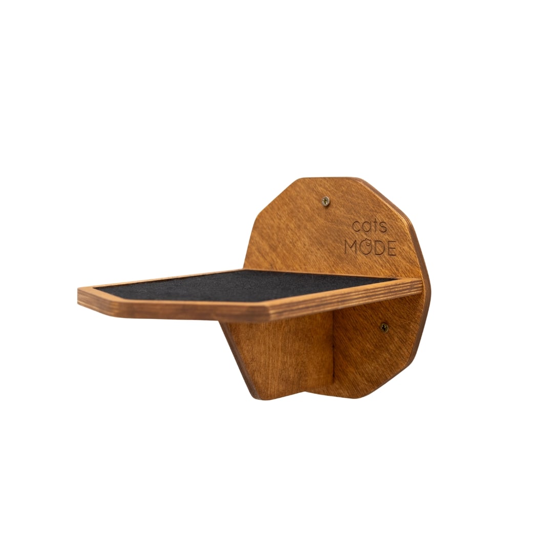 Wooden cat shelf with a black surface on a white background
