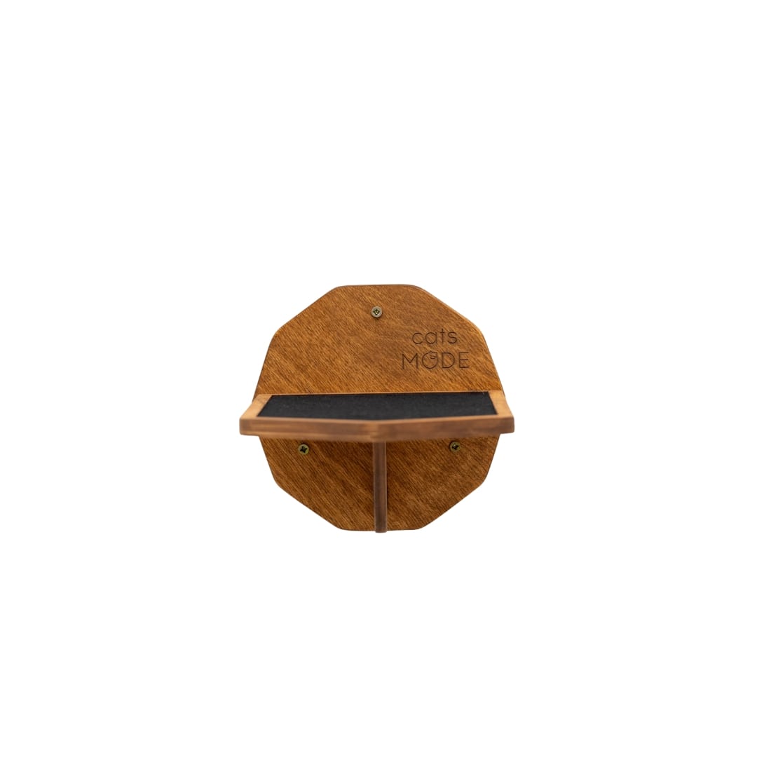 Wooden cat shelf with a black platform on a white background