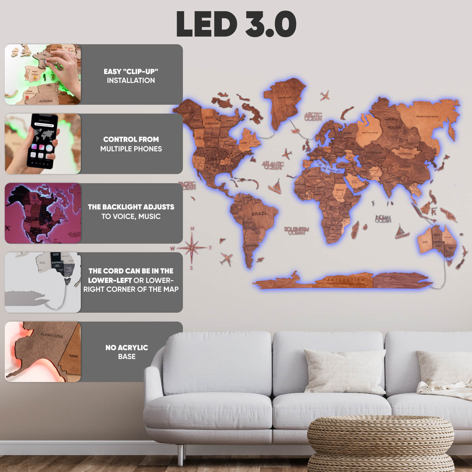 Mapamundi de madera LED 3D 3.0 Roble